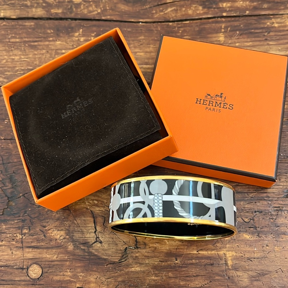 Hermes Black/Gray/White Gold Enamel Bangle Bracelet “Panoplie Equestre”